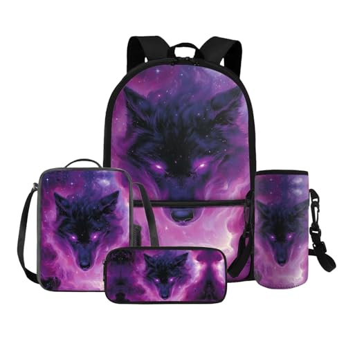 COEQINE 4 in 1 Wolf Rucksack für Mädchen 4 6 8 10 12 Jahre Grundschule Tasche Set Lunchbox Bleistift Box Flaschenhalter Gurt, Rosa Wolf von COEQINE