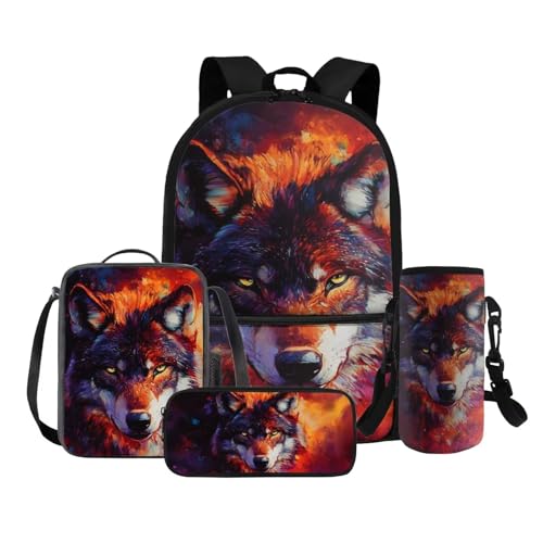 COEQINE 4 in 1 Wolf Rucksack für Mädchen 4 6 8 10 12 Jahre Grundschule Tasche Set Lunchbox Bleistift Box Flaschenhalter Gurt, Rot Wolf von COEQINE