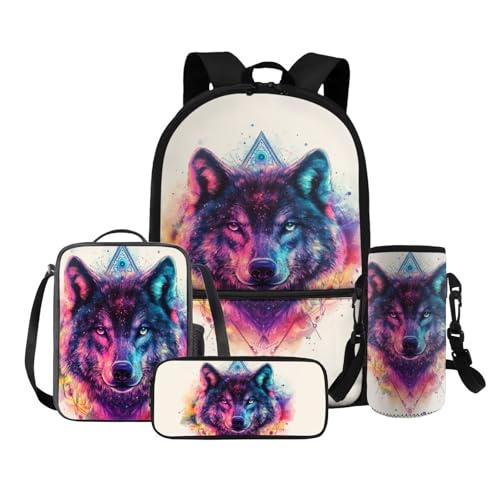 COEQINE 4 in 1 Wolf Rucksack für Mädchen 4 6 8 10 12 Jahre Grundschule Tasche Set Lunchbox Bleistift Box Flaschenhalter Gurt, coole Wolf von COEQINE