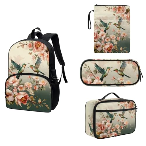 COEQINE 4-teiliges Rucksack-Set für Jungen und Mädchen, 43,2 cm Schul-Büchertasche und Buchhüllen, Lunchbox, Isolierung, Federmäppchen, Ästhetischer Kolibri von COEQINE