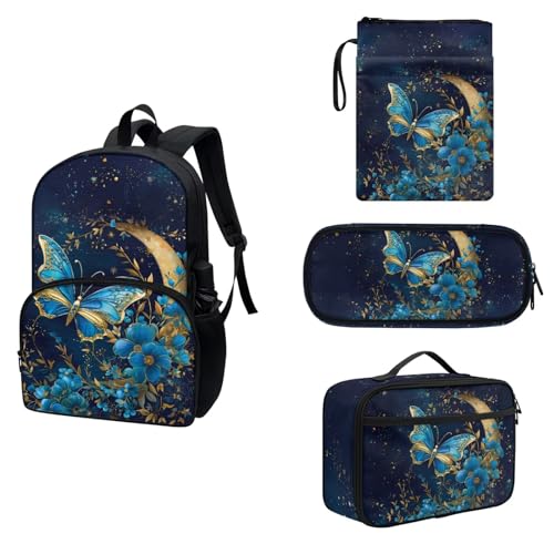 COEQINE 4-teiliges Rucksack-Set für Jungen und Mädchen, 43,2 cm Schul-Büchertasche und Buchhüllen, Lunchbox, Isolierung, Federmäppchen, Aqua Blue Butterfly Gold Floral Moon von COEQINE