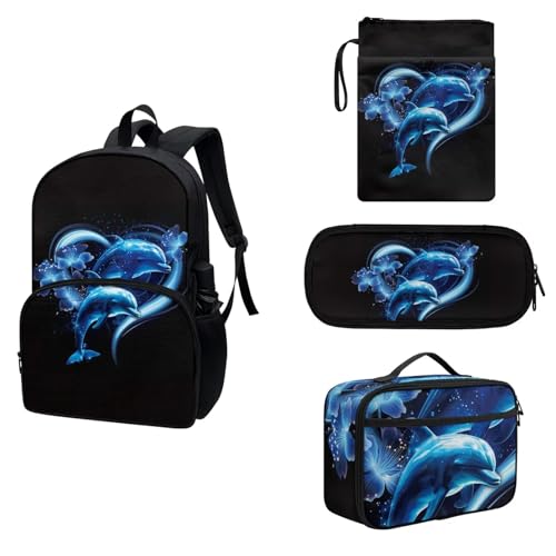 COEQINE 4-teiliges Rucksack-Set für Jungen und Mädchen, 43,2 cm Schul-Büchertasche und Buchhüllen, Lunchbox, Isolierung, Federmäppchen, Blauer Delfin, niedlich von COEQINE