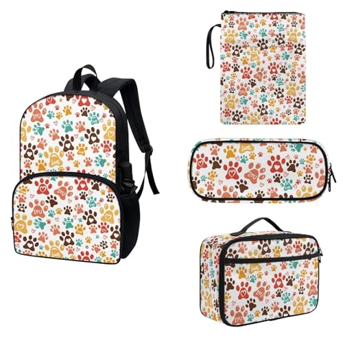 COEQINE 4-teiliges Rucksack-Set für Jungen und Mädchen, 43,2 cm Schul-Büchertasche und Buchhüllen, Lunchbox, Isolierung, Federmäppchen, Bunte Pfote, niedlich, schön von COEQINE