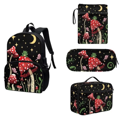 COEQINE 4-teiliges Rucksack-Set für Jungen und Mädchen, 43,2 cm Schul-Büchertasche und Buchhüllen, Lunchbox, Isolierung, Federmäppchen, Roter Pilzfrosch, niedlich, Mond, Sterne, Blumen von COEQINE