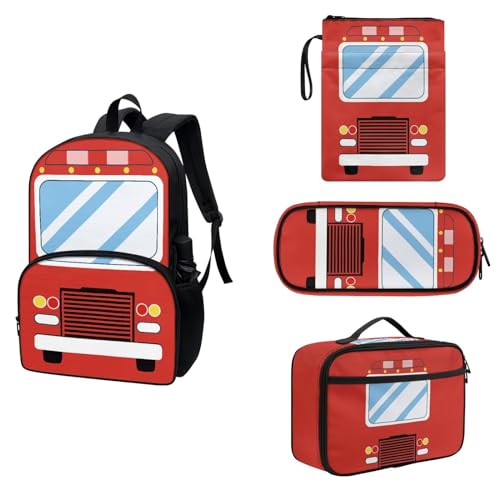 COEQINE 4-teiliges Rucksack-Set für Jungen und Mädchen, 43,2 cm Schul-Büchertasche und Buchhüllen, Lunchbox, Isolierung, Federmäppchen, Rotes Feuerwehrauto von COEQINE