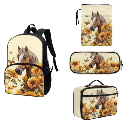 COEQINE 4-teiliges Rucksack-Set für Jungen und Mädchen, 43,2 cm Schul-Büchertasche und Buchhüllen, Lunchbox, Isolierung, Federmäppchen, Sonnenblumen, Pferde, Schmetterling, niedlich von COEQINE