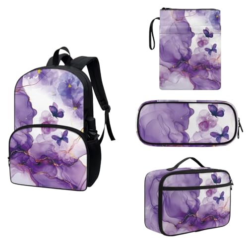 COEQINE 4-teiliges Rucksack-Set für Jungen und Mädchen, 43,2 cm Schul-Büchertasche und Buchhüllen, Lunchbox, Isolierung, Federmäppchen, Violetter goldener Marmor-Schmetterling von COEQINE