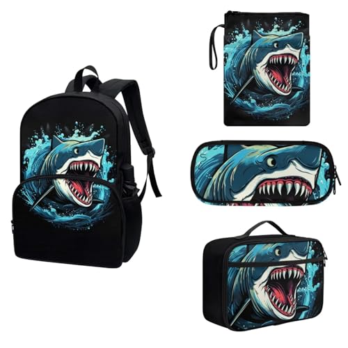 COEQINE 4-teiliges Rucksack-Set für Jungen und Mädchen, 43,2 cm Schul-Büchertasche und Buchhüllen, Lunchbox, Isolierung, Federmäppchen, hai von COEQINE