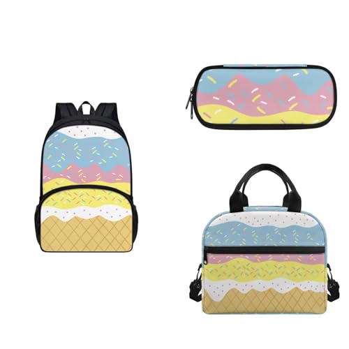 COEQINE 6-8 Mädchen Rucksack Set Gurt Lunchbox und Federmäppchen 3 Stück Tragbare Lunchtasche für Mittelschule, Eiscreme-Kawaii von COEQINE