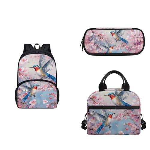 COEQINE 6-8 Mädchen Rucksack Set Gurt Lunchbox und Federmäppchen 3 Stück Tragbare Lunchtasche für Mittelschule, Kirschblütenvögel, Rosa, Blau von COEQINE