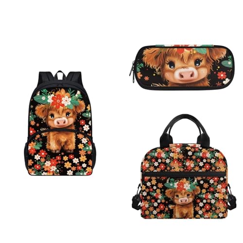 COEQINE 6-8 Mädchen Rucksack Set Gurt Lunchbox und Federmäppchen 3 Stück Tragbare Lunchtasche für Mittelschule, Niedliches Kuhmilchblumen von COEQINE