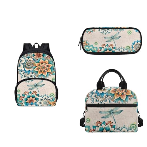 COEQINE 6-8 Mädchen Rucksack Set Gurt Lunchbox und Federmäppchen 3 Stück Tragbare Lunchtasche für Mittelschule, Retro Mandala Floral Libelle Aqua von COEQINE