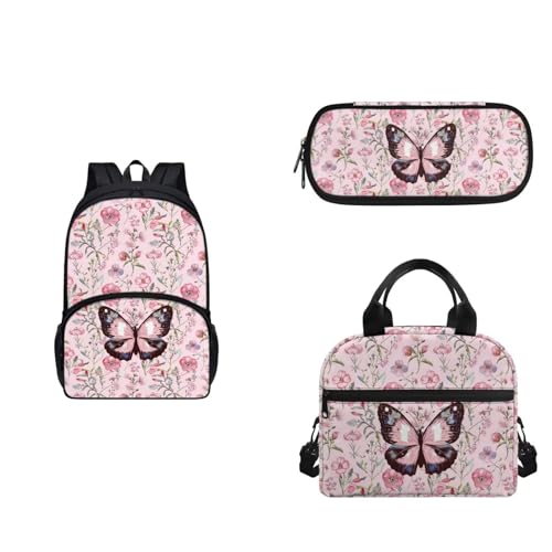 COEQINE 6-8 Mädchen Rucksack Set Gurt Lunchbox und Federmäppchen 3 Stück Tragbare Lunchtasche für Mittelschule, Rosa Schmetterlinge, rosa Blumen von COEQINE