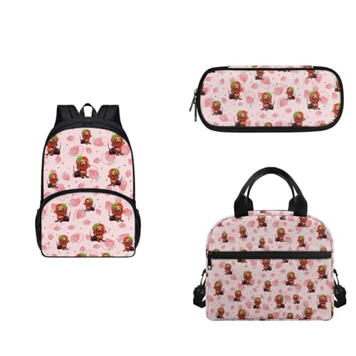 COEQINE 6-8 Mädchen Rucksack Set Gurt Lunchbox und Federmäppchen 3 Stück Tragbare Lunchtasche für Mittelschule, Strawberry Cute Dogs Pink von COEQINE