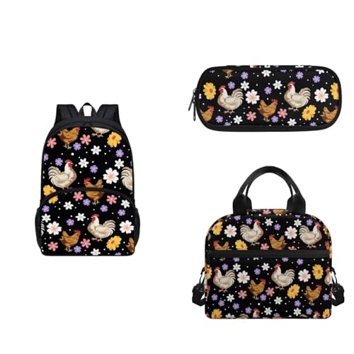 COEQINE 6-8 Mädchen Rucksack Set Gurt Lunchbox und Federmäppchen 3 Stück Tragbare Lunchtasche für Mittelschule, Vintage Huhn Floral von COEQINE