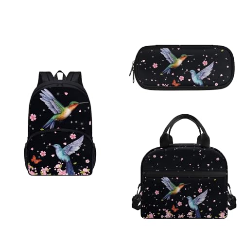 COEQINE 6-8 Mädchen Rucksack Set Gurt Lunchbox und Federmäppchen 3 Stück Tragbare Lunchtasche für Mittelschule, Vögel, rosa Blumenmuster von COEQINE