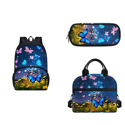 COEQINE 6-8 Mädchen Rucksack Set Gurt Lunchbox und Federmäppchen 3 Stück Tragbare Lunchtasche für Mittelschule, schmetterling von COEQINE