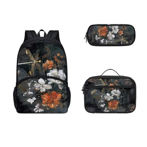 COEQINE Ästhetischer Rucksack für Mädchen, Büchertasche, niedliches Kinder-Büchertaschen-Set mit Lunchbox, Isolierung, großes Fassungsvermögen, Federmäppchen, Goldene Libelle, Boho, Blumen- und von COEQINE