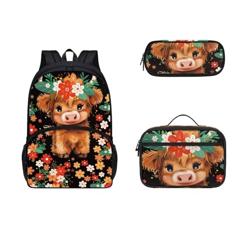 COEQINE Ästhetischer Rucksack für Mädchen, Büchertasche, niedliches Kinder-Büchertaschen-Set mit Lunchbox, Isolierung, großes Fassungsvermögen, Federmäppchen, Niedliche Kuhmilch Boho Floral Schwarz von COEQINE