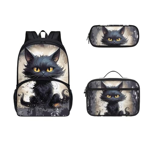 COEQINE Ästhetischer Rucksack für Mädchen, Büchertasche, niedliches Kinder-Büchertaschen-Set mit Lunchbox, Isolierung, großes Fassungsvermögen, Federmäppchen, Niedliche schwarze Katzen von COEQINE