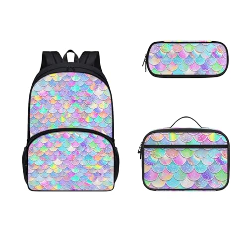 COEQINE Ästhetischer Rucksack für Mädchen, Büchertasche, niedliches Kinder-Büchertaschen-Set mit Lunchbox, Isolierung, großes Fassungsvermögen, Federmäppchen, Regenbogenfarbenes Fischschuppenmuster von COEQINE