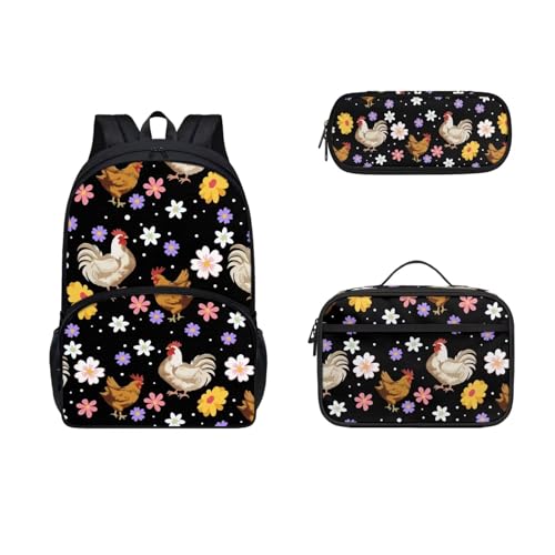 COEQINE Ästhetischer Rucksack für Mädchen, Büchertasche, niedliches Kinder-Büchertaschen-Set mit Lunchbox, Isolierung, großes Fassungsvermögen, Federmäppchen, Vintage Huhn Boho Floral von COEQINE