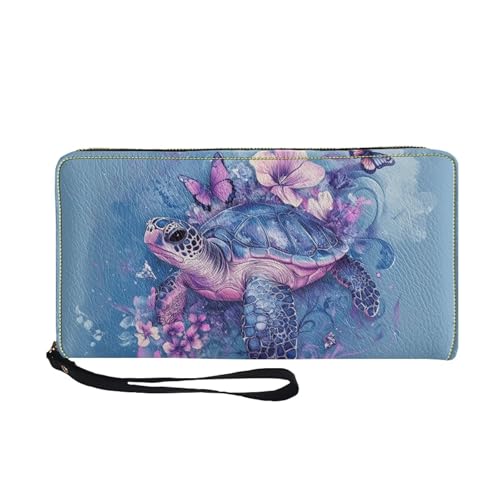 COEQINE Äthetische Meeresschildkröten-Geldbörse mit Handyhalter für Damen, Leder, weiches Leder, Geldbörse für Kleingeld, Münzfach, Reißverschluss, Visitenkartenhalter, Geldtasche mit Stap für Reisen von COEQINE