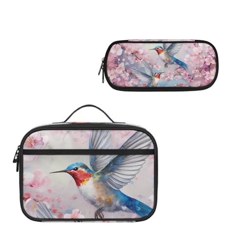 COEQINE Aesthetic Brids Isolations-Lunchbox-Set für Vorschule, Grundschule, Frauen, Mädchen, Schule, Lunchtasche mit Federmäppchen, Rosa von COEQINE