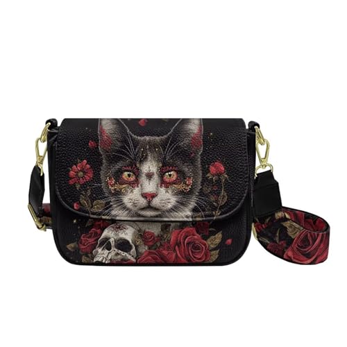 COEQINE Bedruckte Crossbody-Tasche für Damen, leichte Schultertasche, funktionale Multi-Taschen-Geldbörse, Ersatzriemen, Gothic-Katzen-Totenkopf von COEQINE