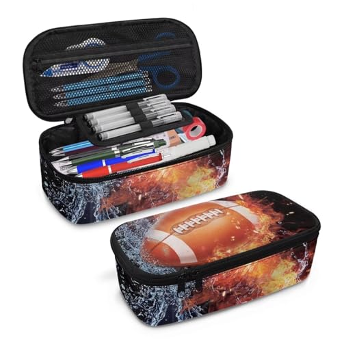 COEQINE Blaues Baseball-Federmäppchen für Jungen, Federmäppchen für Kinder im Alter von 8–12 Jahren, 3D-Feuer-Rugby-Fußball, Einheitsgröße, Taschen-Organizer von COEQINE