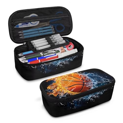 COEQINE Blaues Baseball-Federmäppchen für Jungen, Federmäppchen für Kinder im Alter von 8–12 Jahren, Basketball brennt Feuer und Wasser kühl, Einheitsgröße, Taschen-Organizer von COEQINE
