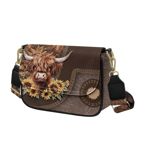 COEQINE Braune Umhängetasche für Damen, Leder, Geldbörsen, Umhängetasche, Schultertasche, Highland Cow Sunflower COEQINE Braune Umhängetasche für Damen, Leder, Geldbörsen, Umhängetasche, Schultertasche, Highland Cow Sunflower von COEQINE