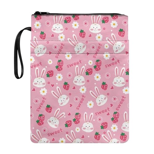 COEQINE Buchhüllen mit niedlichem Hasen-Erdbeermotiv für Frauen, Geburtstag, Kawaii-Tierdruck, Buchhüllen mit Tasche für Reisen von COEQINE