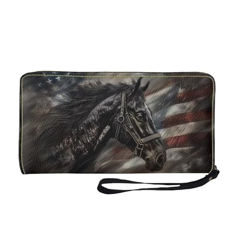 COEQINE Coole Geldbörse für Herren, Leder, weiches PU-Kartenhalter, schmal, wasserdicht, Münzbörse mit Griffen, Reisen für Ihn, Pferd mit amerikanischer Flagge, Casual von COEQINE