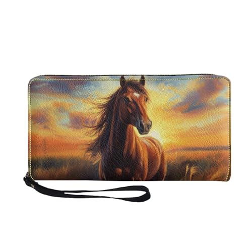 COEQINE Coole Geldbörse für Herren, Leder, weiches PU-Kartenhalter, schmal, wasserdicht, Münzbörse mit Griffen, Reisen für Ihn, Sonnenuntergangspferd-Aufdruck, Casual von COEQINE