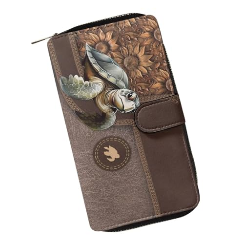 COEQINE Damen-Geldbörsen, rosa, Leopardenmuster, Herz, schwarz, bedrucktes Leder, Handy, lang, Clutch, Geldbörse, kariert, Münzgeldhalter, Meeresschildkröte Sonnenblume Retro, Large von COEQINE