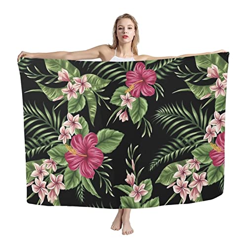 COEQINE Damen Strand-Badeanzug mit Hühner-Muster, Sarong-Überzug, Pareo, Badeanzug, Bikini, Schal, Wickelrock, Black Leaf Hawaii Blume, onesize von COEQINE