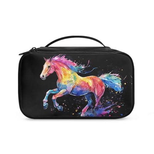 COEQINE Doppelschichtige Make-up-Tasche für Damen, Reise-Kosmetikkoffer mit Griffen, Make-up-Pinsel-Organizer, Aquarell-Pferd, Kulturbeutel von COEQINE