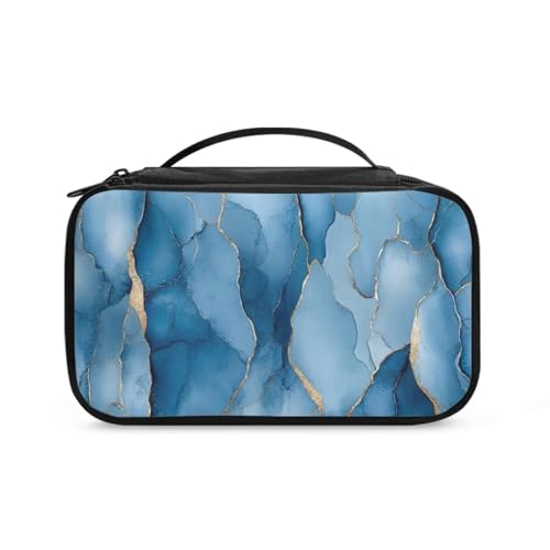 COEQINE Doppelschichtige Make-up-Tasche für Damen, Reise-Kosmetikkoffer mit Griffen, Make-up-Pinsel-Organizer, Blau-goldener Marmor, Kulturbeutel von COEQINE