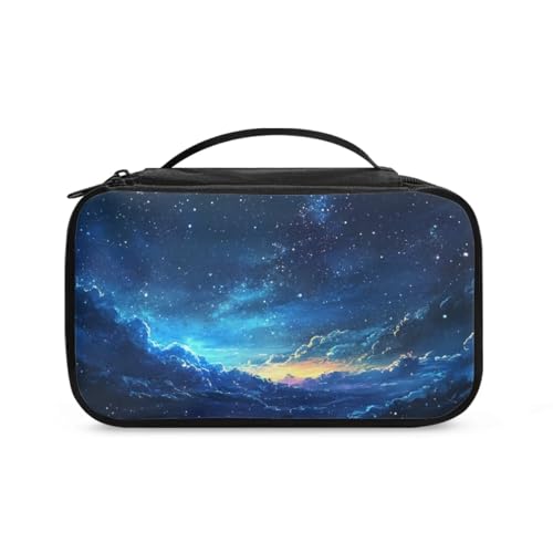 COEQINE Doppelschichtige Make-up-Tasche für Damen, Reise-Kosmetikkoffer mit Griffen, Make-up-Pinsel-Organizer, Blauer Sternenhimmel, Kulturbeutel von COEQINE