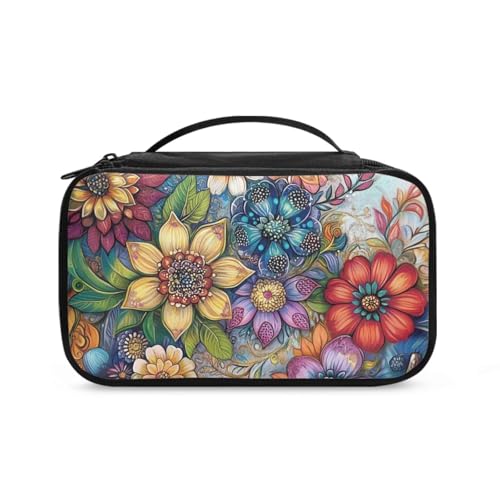 COEQINE Doppelschichtige Make-up-Tasche für Damen, Reise-Kosmetikkoffer mit Griffen, Make-up-Pinsel-Organizer, Boho Floral, Kulturbeutel von COEQINE
