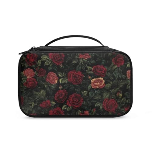 COEQINE Doppelschichtige Make-up-Tasche für Damen, Reise-Kosmetikkoffer mit Griffen, Make-up-Pinsel-Organizer, Dunkelrote Rose, Kulturbeutel von COEQINE
