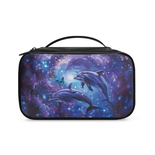 COEQINE Doppelschichtige Make-up-Tasche für Damen, Reise-Kosmetikkoffer mit Griffen, Make-up-Pinsel-Organizer, Sternenhimmelfisch, Kulturbeutel von COEQINE