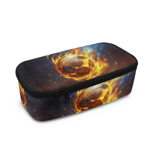 COEQINE Federmäppchen für Jungen, Fußballdruck, Stifthalter, Tasche für Kinder, Sekundarschule, hohe Kapazität, Schreibwaren-Aufbewahrungstasche mit Griffen, Coole Fußballflamme, Einheitsgröße von COEQINE