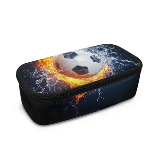 COEQINE Federmäppchen für Jungen, Fußballdruck, Stifthalter, Tasche für Kinder, Sekundarschule, hohe Kapazität, Schreibwaren-Aufbewahrungstasche mit Griffen, Fußball Flame Cool Ball, Einheitsgröße von COEQINE