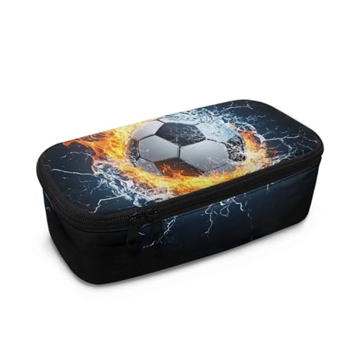 COEQINE Federmäppchen für Jungen, Fußballdruck, Stifthalter, Tasche für Kinder, Sekundarschule, hohe Kapazität, Schreibwaren-Aufbewahrungstasche mit Griffen, Fußball Flamme Wasser 3D Ball von COEQINE