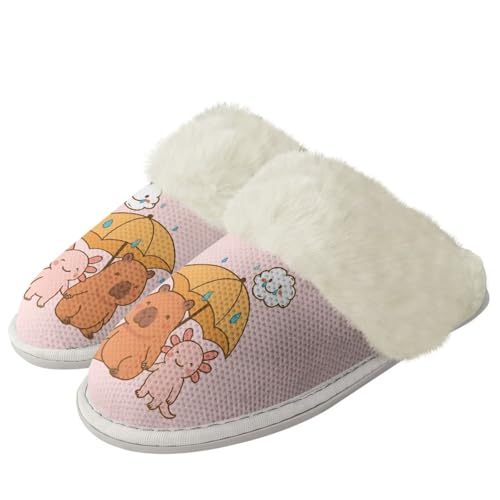 COEQINE Flauschige Hausschuhe für Damen, Kawaii-Tierdruck, Winterschuhe, superweich mit rutschfester Sohle, Rosa, Capybara Pink Axolotl, 44/46 EU von COEQINE