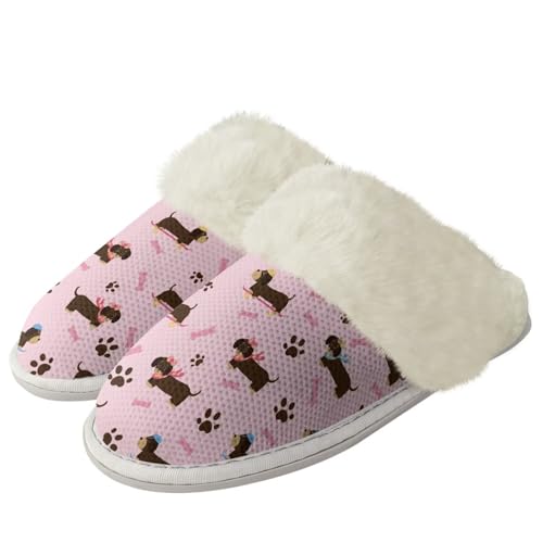 COEQINE Flauschige Hausschuhe für Damen, Kawaii-Tierdruck, Winterschuhe, superweich mit rutschfester Sohle, Rosa, Dackel-Hundepfotenabdruck, 39/40 EU von COEQINE
