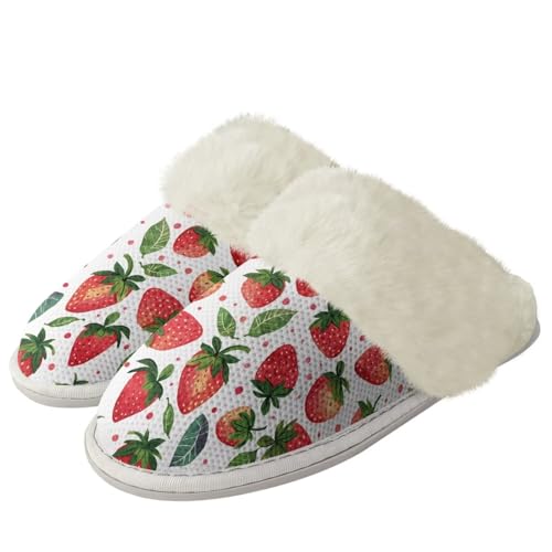 COEQINE Flauschige Hausschuhe für Damen, Kawaii-Tierdruck, Winterschuhe, superweich mit rutschfester Sohle, Rosa, Erdbeergrün, 39/40 EU von COEQINE