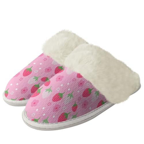 COEQINE Flauschige Hausschuhe für Damen, Kawaii-Tierdruck, Winterschuhe, superweich mit rutschfester Sohle, Rosa, Erdbeerrosa, 44/46 EU von COEQINE